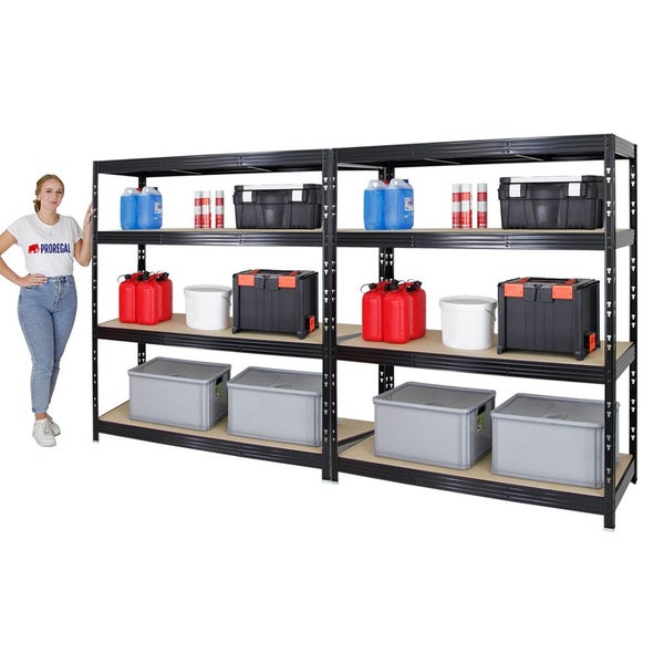 PROREGAL Mega Deal 2x Profi Schwerlastregal Rhino HxBxT 180 x 160 x 60 cm 4 Spanplatten-Ebenen 8mm Fachlast 500 kg Schwarz