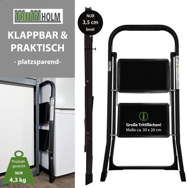 Trutzholm Klapptritt mit zwei Stufen, platzsparend und leicht mit großen Trittflächen.