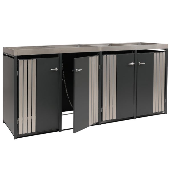 Mülltonnenbox für drei Mülltonnen mit Edelstahloberfläche und einer geöffneten Tür