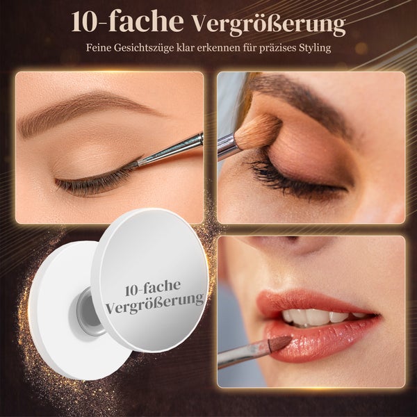 Weißer Kosmetik-Vergrößerungsspiegel mit 10-facher Vergrößerung und Saugnapf, Detailaufnahmen von Augen-Make-up und Lippenstift-Auftrag.