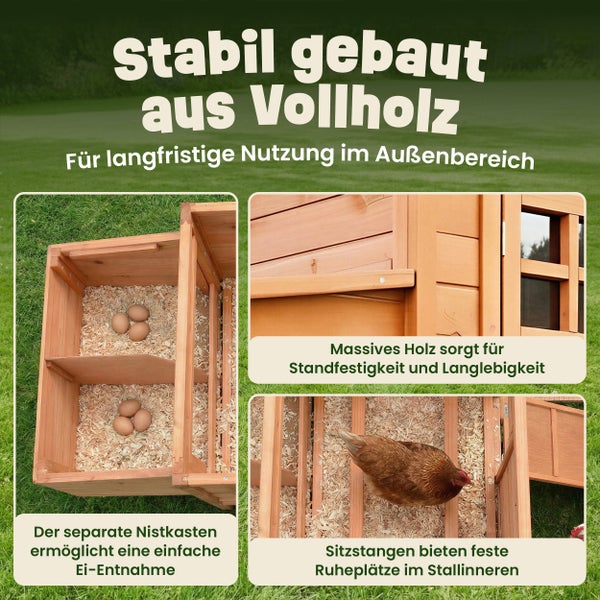 Hühnerstall aus massivem Vollholz mit separatem Nistkasten zur Ei-Entnahme und Sitzstangen im Innenbereich.