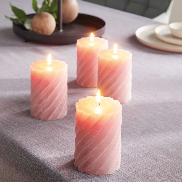 FRANK FLECHTWAREN | Stumpenkerze Rose, 4er Set, WACHS, 7,5 x 7,5 x 10 cm, Brenndauer 48H