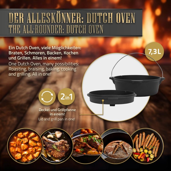 BBQ#BOSS Dutch Oven Set BBQ 7,3 Liter, Eingebrannter Feuertopf aus Gusseisen, Kochtopf mit Deckelheber und Edelstahluntersetzer, Schmortopf mit Schlitz für Themormeter, Grilltopf für Outdoor & Indoor