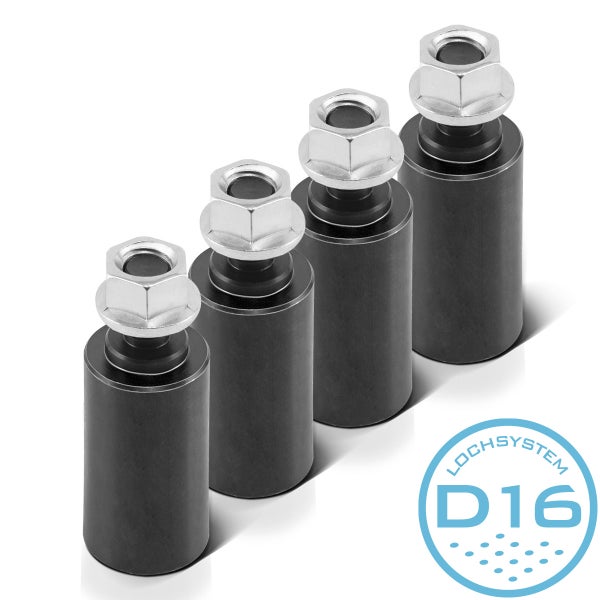 Vier schwarze Abstandshalter mit Schrauben und Lochsystem D16
