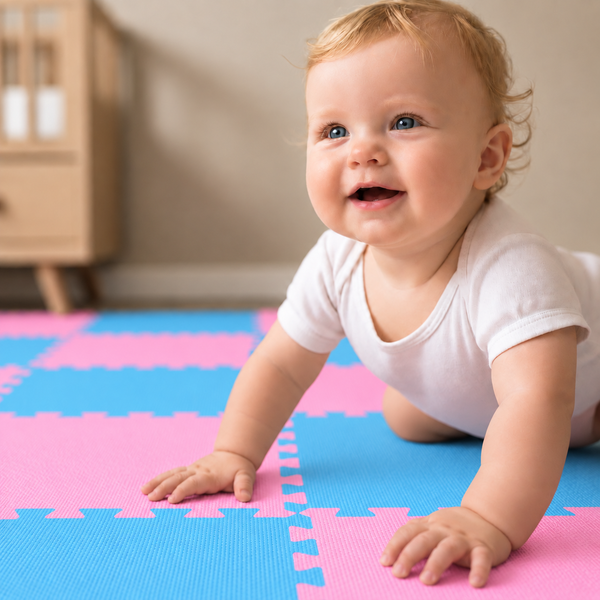 Kleinkind krabbelt auf einer weichen, puzzleartigen Spielmatte aus Schaumstoff mit ineinandergreifenden Elementen.