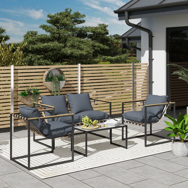 Outsunny Stahl Gartenmöbel Set 4 Personen wetterfest Balkonmöbel-Set mit 2er Sofa 2 Sessel, Sitzkissen, Beistelltisch, Outdoor Sitzgruppe Terrassenmöbel Gartengarnitur für Garten Terrasse Balkon Grau