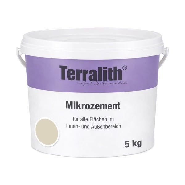 Beiger Terralith Mikrozement im 5 Kilogramm Eimer für alle Flächen im Innen- und Außenbereich.