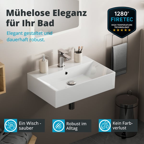 Weißes, rechteckiges Wand-Waschbecken in hellem Badezimmer. Firetec Logo für 1280 Grad Technologie. Robust, pflegeleicht und farbbeständig.