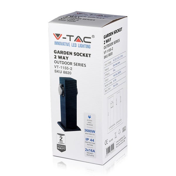 V-TAC Gartensteckdose 2-fach Outdoor-Serie aus Edelstahl in Dunkelgrau, IP44 Spritzwasserschutz, Originalverpackung.
