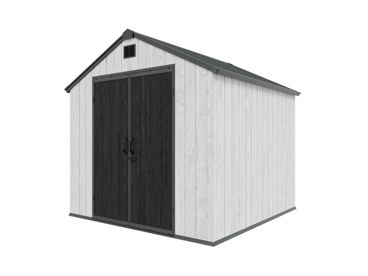 Gerätehaus aus Metall mit Satteldach, Doppeltür und Wandpaneelen in Holzoptik.