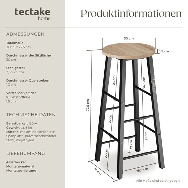Tectake Home Barhocker mit Maßangaben aus melaminbeschichteter Spanplatte und pulverbeschichtetem Stahlgestell.