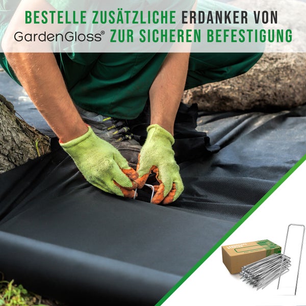 GardenGloss® 10m2 Unkrautvlies Gartenvlies gegen Unkraut – Unkrautfolie Wasserdurchlässig – Reißfestes Unkrautflies 50g/m2 – Hohe UV-Stabilisierung (5m x 2m, gefaltet)