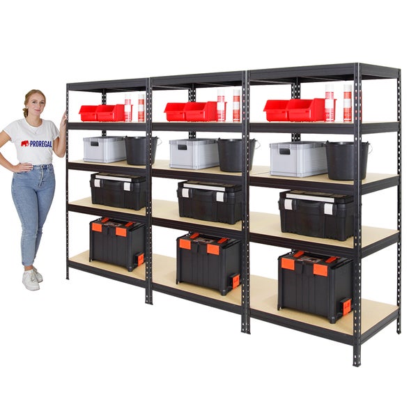 PROREGAL Mega Deal 3x Schwerlastregal Rivet HxBxT 180 x 90 x 60 cm Fachlast 250 kg Schwarz