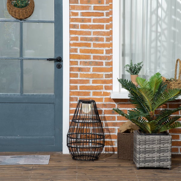 Outsunny Solarleuchte, Rattan Solarlampe, Wasserdichte Wegleuchte mit Lichtsensor, Automatische LED Gartenlampe mit Trommel-Design, für Balkon, Terrasse, Hof, Stahl, Schwarz