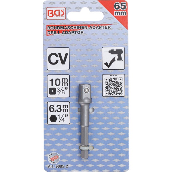 BGS Adapter für Bohrmaschinen Antrieb Außensechskant 6,3 mm (1/4) / Abtrieb Außenvierkant 10 mm (3/8) - 9685-2
