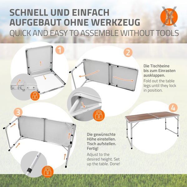 ECD Germany Campingtisch Klapptisch mit Tragegriff 120x60x55/63/70 cm Braun aus Aluminium und MDF Holzdekor höhenverstellbar klappbar - Falttisch Gartentisch Balkontisch Reisetisch Arbeitstisch Tisch
