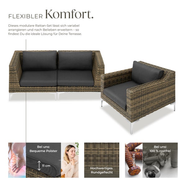 Modulares Rattanset tectake Villanova kein Aufbau Eckelemente und Sessel mit Aluminiumgestell anthrazit-meliert
