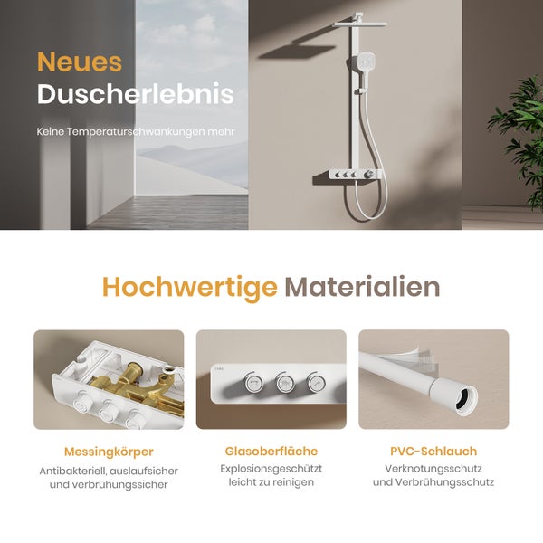 EMKE Duschsystem mit 2 Wasserabläufen, Duschkopf & Handbrause mit 3 Funktionen, modernes Design, 360*485*1120mm, weiß