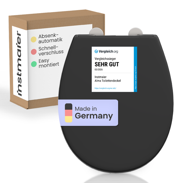 Schwarzer Instmaier Alma Toilettendeckel mit Absenkautomatik, Schnellverschluss, Made in Germany, Vergleichssieger Sehr Gut und Instmaier Logo.