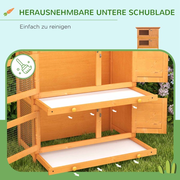PawHut Kleintierstall Kleintierhaus mit Asphaltdach Zwergkaninchenstall doppelstöckig Meerschweinchenstall wetterbeständig Kleintierkäfig Tierstall für Outdoor Tannenholz 90 x 45 x 90 cm Gelb