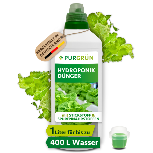 Purgrün Hydroponik Dünger in einer 1 Liter Flasche mit Stickstoff und Spurennährstoffen für bis zu 400 Liter Wasser.