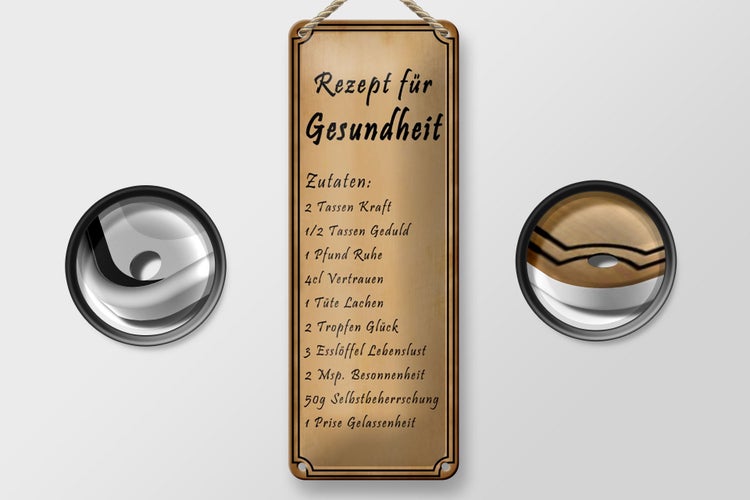 Blechschild Spruch 10x27cm Rezept für Gesundheit 2 Tassen Dekoration