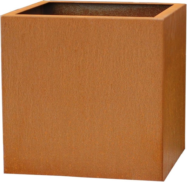 Quadratisches Pflanzgefäß aus Cortenstahl mit Rostoptik.
