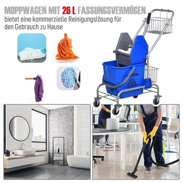 HOMCOM Putzwagen Reinigungswagen 26 Liter Wischwagen mit Wringer, Haushaltswagen mit Rollen, Haken für Mopp Blau