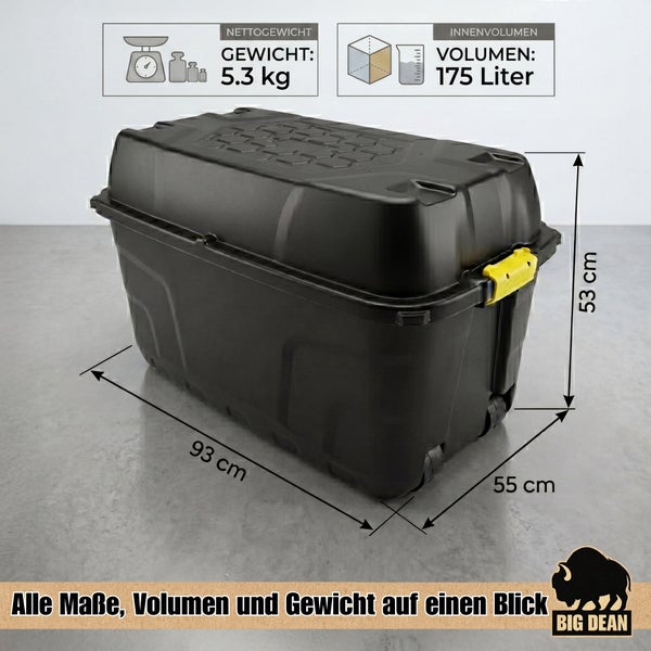 Big Dean Transportbox aus Kunststoff mit Rädern, 175 Liter Volumen, 93 mal 55 mal 53 Zentimeter, Gewicht 5,3 Kilogramm.