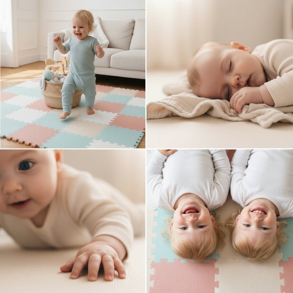 Collage von Kleinkindern auf Schaumstoff-Puzzlematten. Die Matten dienen als sichere und weiche Unterlage zum Krabbeln, Spielen und Schlafen.