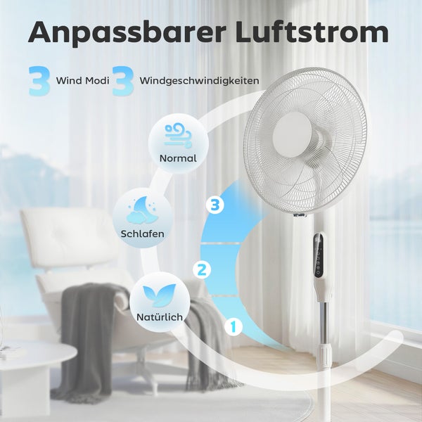 Standventilator mit drei Windmodi und drei Geschwindigkeiten für anpassbaren Luftstrom in einem hellen Wohnzimmer.