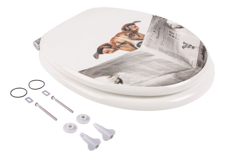 Calmwaters® WC Sitz Hund Schlauer Hund, Absenkautomatik, Fast-Fix-Befestigung aus Metall, universale O-Form, stabiler Holzkern Toilettendeckel, Komfort Toilettensitz lustig - 26LP2830