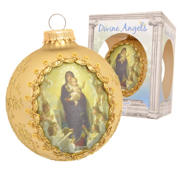 Gold matt 8cm Seidenbildkugel mit Maria und Kind, 1 Stck., Weihnachtsbaumkugeln, Christbaumschmuck, Weihnachtsbaumanhänger