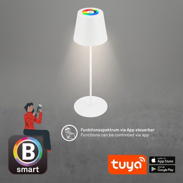 Briloner Coloris LED Tischlampe Smart kabellos, Smart via Appsteuerung, Dimmbar, Speicherfunktion, Timer, Weiß, Ø10,5 x 36 cm