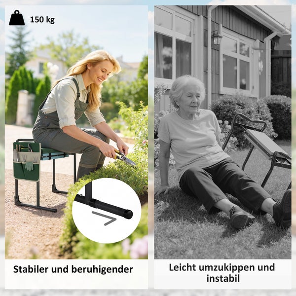 Vergleich einer stabilen Gartenbank mit 150 Kilogramm Tragkraft und Werkzeugtasche gegenüber einer instabilen, umgekippten Gartenbank.