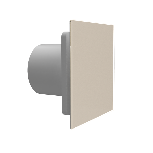 Beige quadratischer Badventilator mit flacher Abdeckung und rückseitigem Rohranschluss.