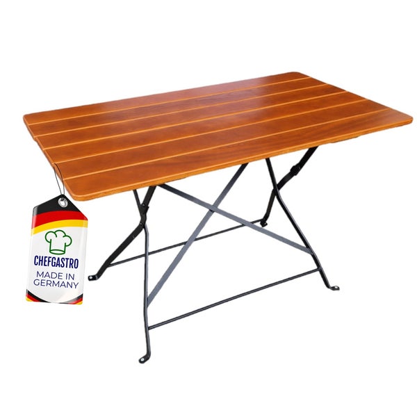 Rechteckiger Klapptisch mit Holzlatten und Metallgestell, Chefgastro Logo, Hergestellt in Deutschland