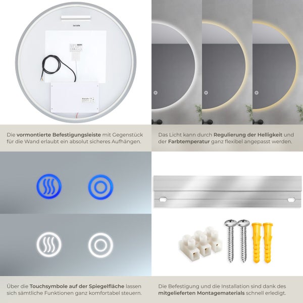 Detailansicht eines Spiegels mit Beleuchtung, inklusive Befestigungsmaterial und Touch-Bedienelementen.