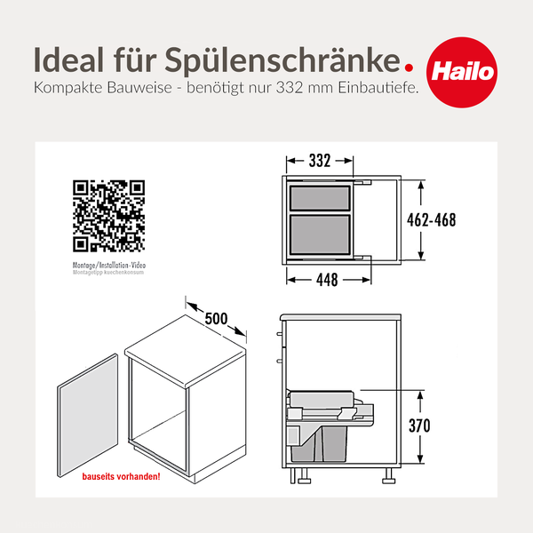 Technische Zeichnung mit Einbaumaßen für ein Hailo Abfallsystem im Spülenschrank, Einbautiefe 332 Millimeter. Hailo Logo.