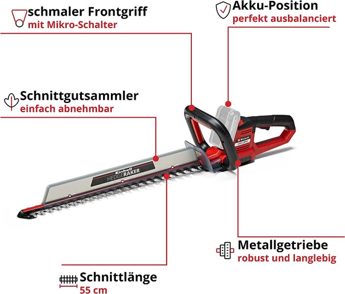 Akku-Heckenschere mit 55 Zentimeter Schnittlänge, Metallgetriebe, Schnittgutsammler, schmalem Frontgriff und ausbalancierter Akku-Position.