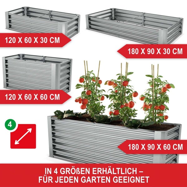 Rechteckiges Metall-Hochbeet aus verzinktem Wellstahl in vier verschiedenen Größen, eine Variante bepflanzt mit Tomaten.