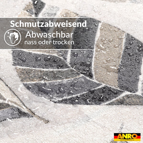 Schmutzabweisender und nass oder trocken abwaschbarer Stoff mit Blattmuster. ANRO Logo.
