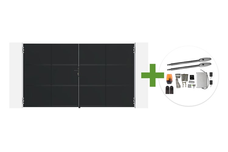 Doppelflügeltor mit modernem Design inklusive elektrischem Torantrieb und Zubehörset für die Montage.