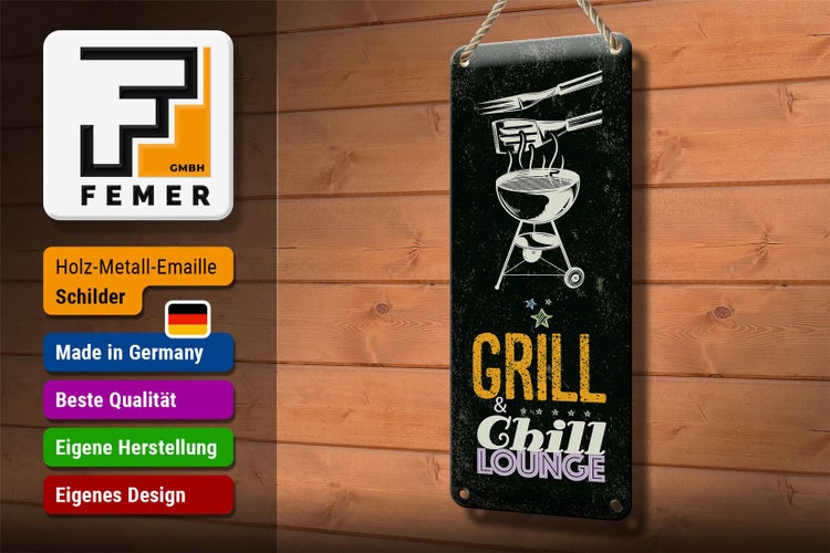 Blechschild Spruch Grill & Chill Lounge 5 Sterne Dekoration 10x27cm