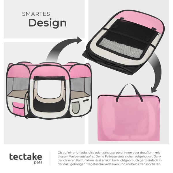 Hundespielplatz mit Faltfunktion, zusammengefaltet und Tragetasche