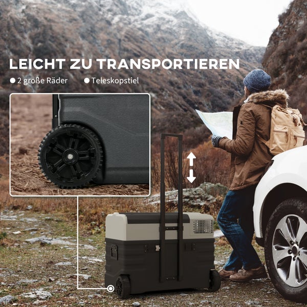 Outsunny Kompressor Kühlbox 56L, Kühlbox Auto 12/24V DC & 240V AC bis -20°C, Tragbar Gefrierbox mit ECO/MAX Modi, Mini Kühlschrank mit Teleskopstange, Rad, für Camping, Lkw, Boot und Steckdose