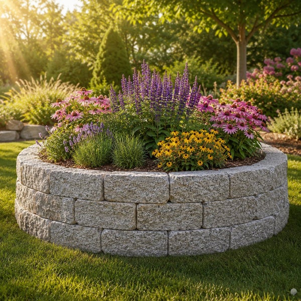 Rundes Hochbeet aus grauen Mauersteinen im Garten, bepflanzt mit violettem Salbei, rosa Sonnenhut und gelber Rudbeckia.