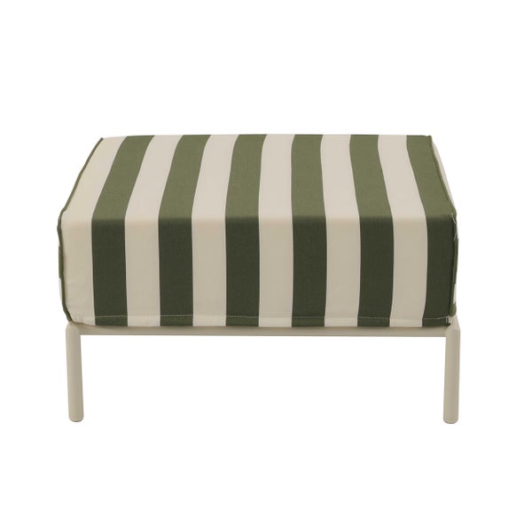 Gestreifter Hocker in Grün und Weiß mit gepolstertem Sitz und Metallgestell.