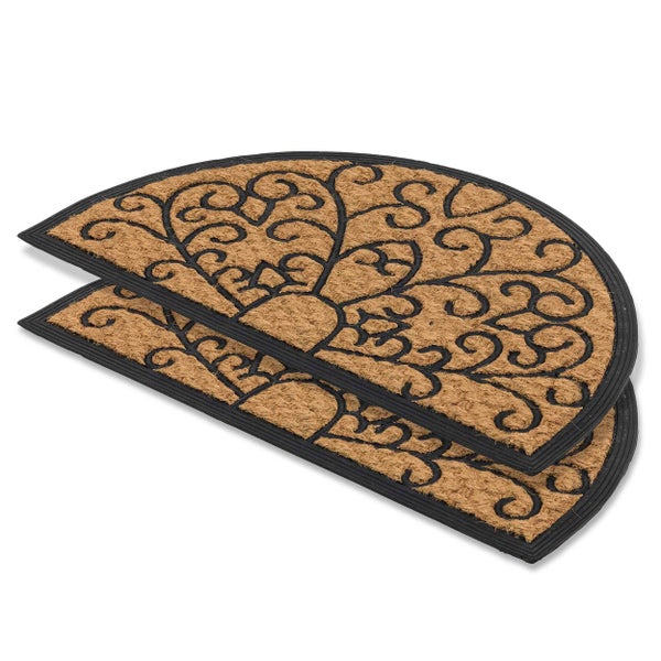 Zwei halbrunde Fußmatten aus Kokosfaser mit floralem Muster