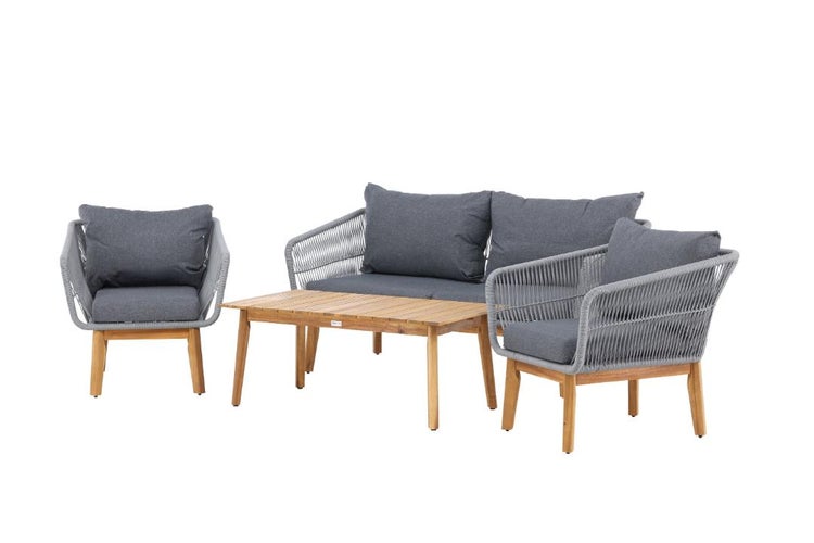 Garten-Lounge-Set bestehend aus Sofa, zwei Sesseln und Holztisch mit Rope-Geflecht und Polstern.